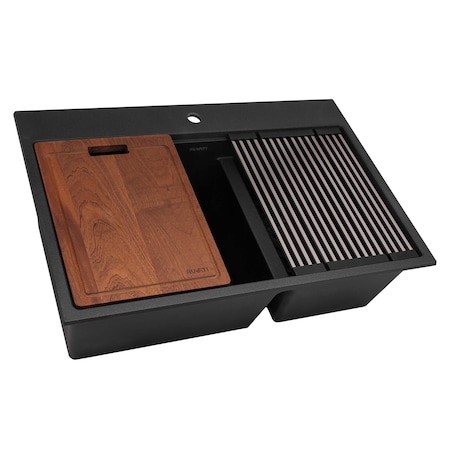 Ruvati 33-inch epiRock Workstation Charcoal Black Double Bowl Topmount Kitchen Sink RVG1327CK